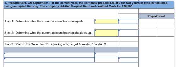 c. Prepaid Rent. On September 1 of the current year, the company prepaid $28,800 for two years of rent for facilities being o