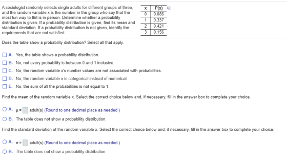 A sociologist randomly selects single adults for different groups of three, and the random variable x is the number in the gr