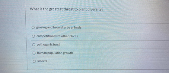 What is the greatest threat to plant diversity? O grazing and browsing by animals O competition with other plants pathogenic