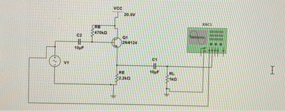 vec 20.0V xsci SRB 470k C2 Tektronix HE Q1 2N4124 100F C1 V1 HE 10F RE 32.2k RL 1kg