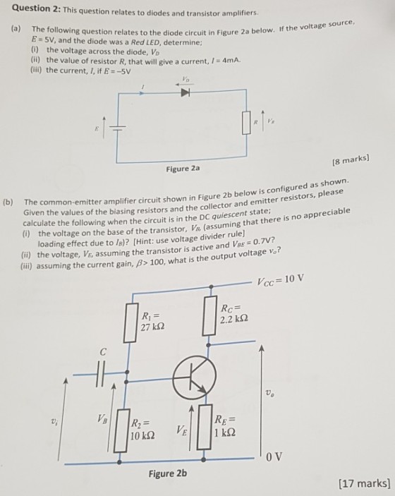 Question 2: Th is question relates to diodes and transistor amplifiers The following question relates to the diode circuit in Figure 2a below. if t E- SV, and the diode was a Red LED, determine; (i) the voltage across the diode, Vo (ii) the value of resistor R, that will give a current, 1 4mA (ii) the current, I, if E--5V (a) he voltage source Figure 2a 8 marks] er amplifier circuit shown in Figure 2b below is configured as shown e biasing resistors and the collector and emitter resistors, please is no appreciable (b) The common-emitt Given the values of the calculate the following when the circuit is in the DC quiescent state )the voltage on the base of the transistor, Vs, (assuming that there loading effect due to 1B)? [Hint: use voltage divider rule (i) the voltage, VE, assuming the transistor is active and VBEO ) assuming the current g ain, B> 100, what is the output voltage vo? 10 V 2.2 k? 27 k? 10 k2 1 ks2 0 V Figure 2b (17 marks]