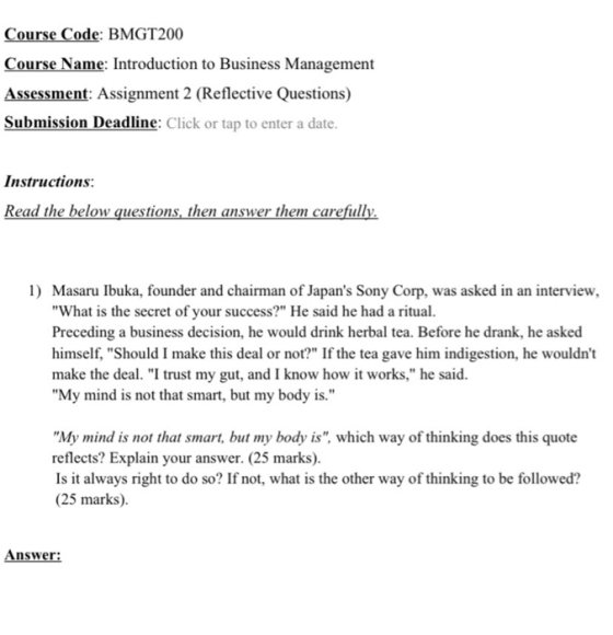 Course Code: BMGT200 Course Name: Introduction to Business Management Assessment: Assignment 2 (Reflective Questions) Submiss