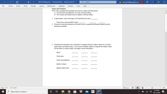 AutoSave H L04-3b Testing Lab - Protected View - Saved to this PC- Search A Jharrah375@outlook.com J 7 File Home Insert Draw