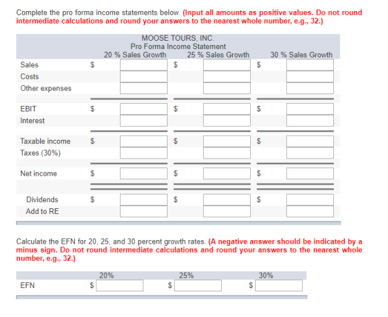 Complete the pro forma income statements below. (Input all amounts as positive values. Do not round intermediate calculations