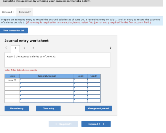 Complete this question by entering your answers in the tabs below. Required 1 Required 2 Prepare an adjusting entry to record