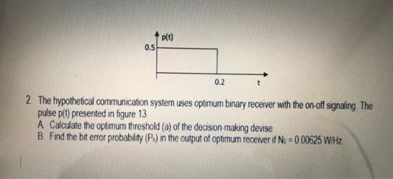 plt) 0.2 2. The hypothetical communication system uses optimum binary receiver with the on-off signaling. The pulse p(t) pres