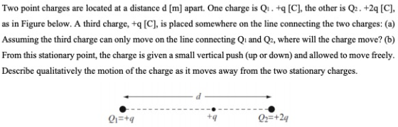 Two point charges are located at a distance d [m] apart. One charge is Q1. tq [C], the other is Q2. +2qCC), as in Figure belo