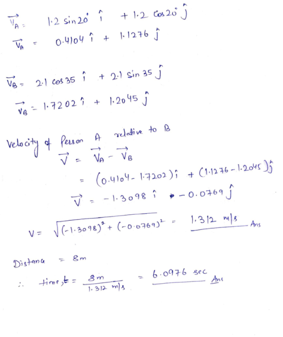 Van TA = 1.2 sin 20 î + 1.2 Cos 20 ſ 0.4104 î + 1.1276 ſ Vo = 2.1 Cos 35 ſ + 2.1 sin 35 ☺ Ta = 1.7202 9. + 1.2045 ĝ Velocity