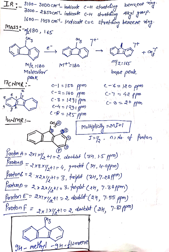 IR:- 3100 - 3000 Cmt indicate C-H stretching benzene med 2000 - 2850cmt indicate c-h streto 1600-1450 cm 7- indicate c=c stre