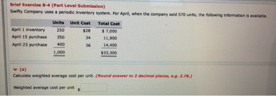 Brief Exercise 8-4 (Part Level Submission) Swifty Company uses a periodic inventory system. For April, when the company sold