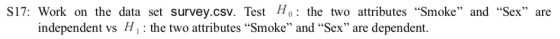 S17: Work on the data set survey.csv. Test Ho: the two attributes “Smoke” and “Sex” are independent vs H : the two attributes