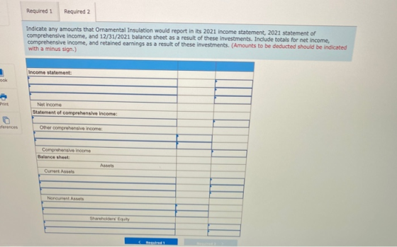 Required 1 Required 2 Indicate any amounts that Omamental Insulation would report in its 2021 income statement, 2021 statemen