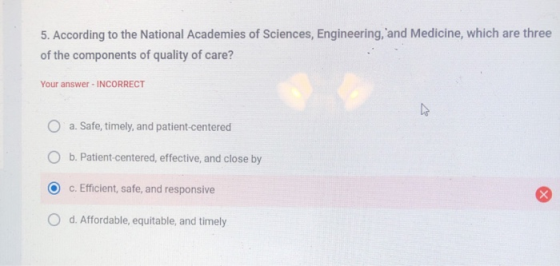 5. According to the National Academies of Sciences, Engineering, and Medicine, which are three of the components of quality