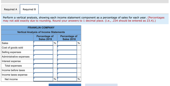 Required A Required B Perform a vertical analysis, showing each income statement component as a percentage of sales for each