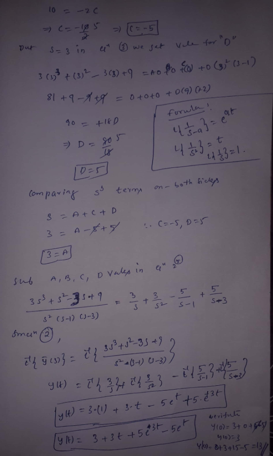 10 =-26 > C= -185 » [[= -5] put S= 3 in a ③ we get vale for D 3 (3)3 + (3) 2 _ 3 (8) +9 = to 8o (CO) to (3² (3-1) 81+94 +9