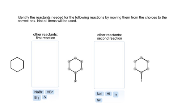 Identify the reactants needed for the following reactions by moving them from the choices to the correct box. Not all items w