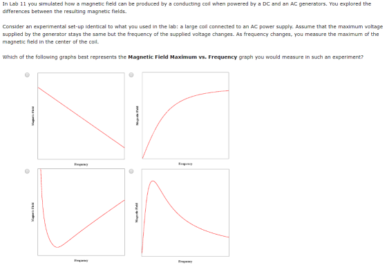 In Lab 11 you simulated how a magnetic field can be produced by a conducting coil when powered by a DC and an AC generators.