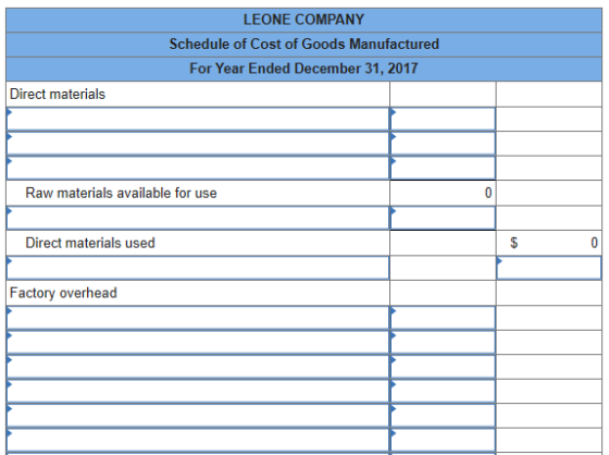 LEONE COMPANY Schedule of Cost of Goods Manufactured For Year Ended December 31, 2017 Direct materials Raw materials availabl