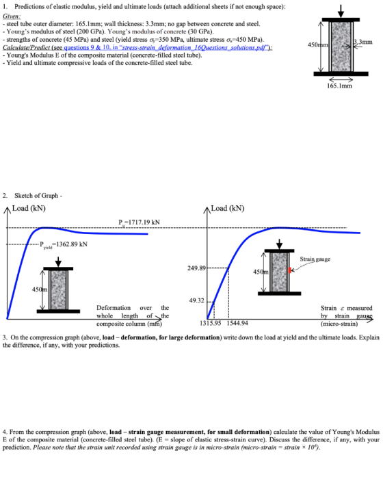1. Predictions of elastic modulus, yield and ultimate loads (attach additional sheets not enough space): Given: - steel tube