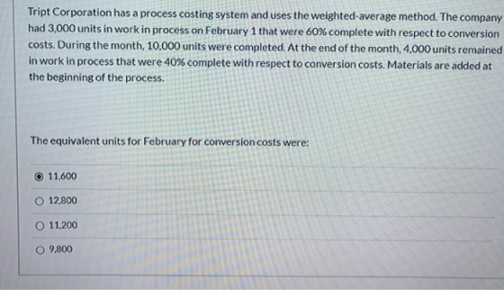 Tript Corporation has a process costing system and uses the weighted average method. The company had 3,000 units in work in p