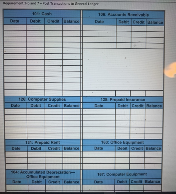 Requirement 2-b and 7-Post Transactions to General Ledger 101: Cash Debit Credit Balance Date 106: Accounts Receivable Date D