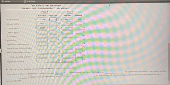 eBook Calculator Operating Income Statements For the Years Ended December 31 (in millions) Year 2 Year 1 Amount Percent Amoun