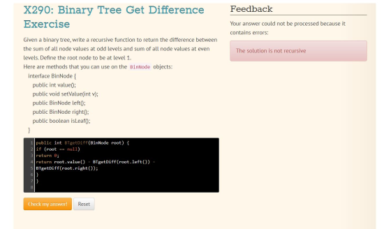 Feedback X290: Binary Tree Get Difference Exercise Your answer could not be processed because it contains errors: The solutio