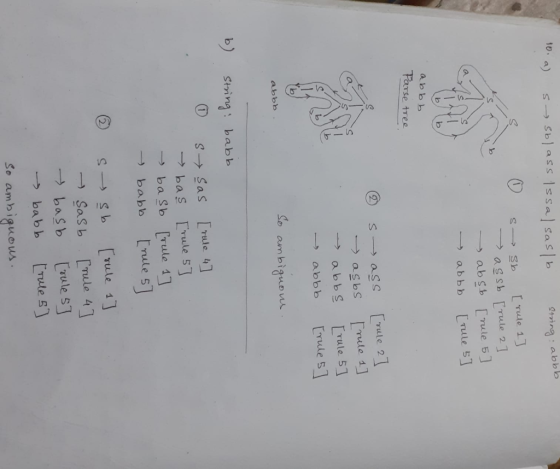 10. a) s sblass Issalsas/b String: abb s sb assb absb abbb [rule 1] [rule 2 ] [rule 5 ] rule 5 YAVI abbb Parse tree s ass asb