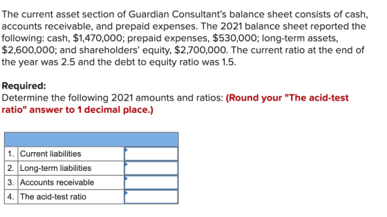 The current asset section of Guardian Consultants balance sheet consists of cash, accounts receivable, and prepaid expenses.