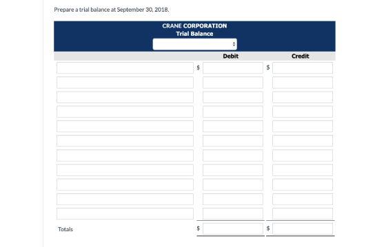 Prepare a trial balance at September 30, 2018. CRANE CORPORATION Trial Balance Debit Credit Totals