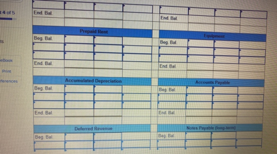 34 of 5 End Bal End. Bal. Prepaid Rent Beg Bal Equipment Beg. Bal. Еврок End. Bal. End. Bal. Print ste en Accumulated Depreci