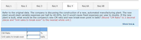 Req 6A Req 6B Req 1 Req 2 Req 3 Req 4 Req 5 Refer to the original data. The company is discussing the construction of a new,