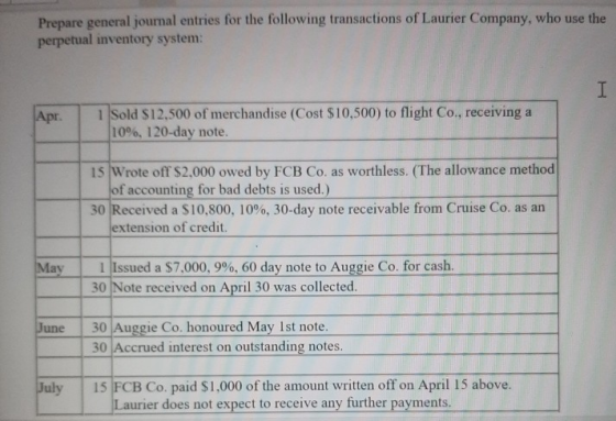 Prepare general journal entries for the following transactions of Laurier Company, who use the perpetual inventory system: I