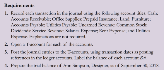 Requirements 1. Record each transaction in the journal using the following account titles: Cash; Accounts Receivable; Office