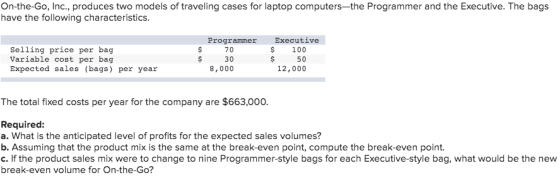 On-the-Go, Inc., produces two models of traveling cases for laptop computers-the Programmer and the Executive. The bags have