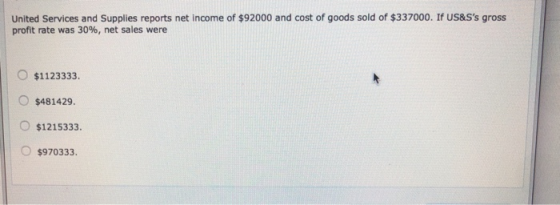 United Services and Supplies reports net income of $92000 and cost of goods sold of $337000. If US&Ss gross profit rate was