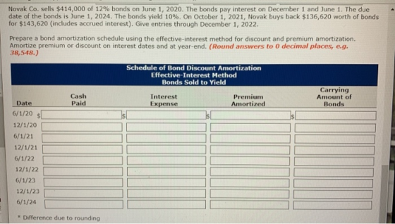 Novak Co. sells $414,000 of 12% bonds on June 1, 2020. The bonds pay interest on December 1 and June 1. The due date of the b