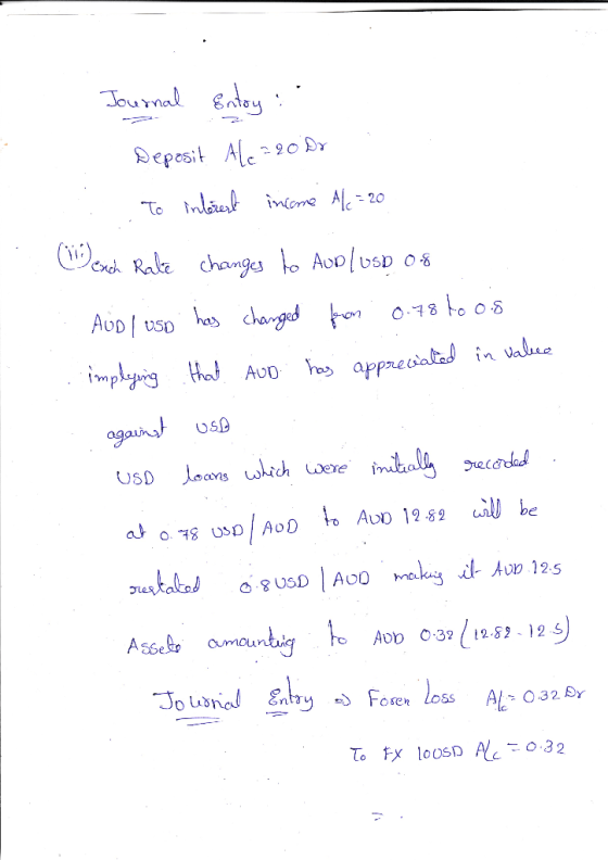 Journal Entry : Deposit Ale = 20 DV To interest income Ale = 20 each Ralle changes to Audlus08 AUD / USD has changed from 0.7
