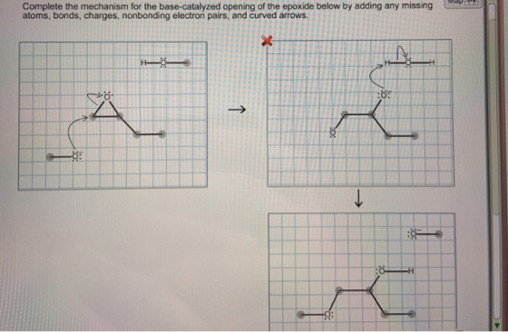 Complete the mechanism for the base-catalyzed opening of the epoxide below by adding any missing atoms, bonds, charges, nonbo