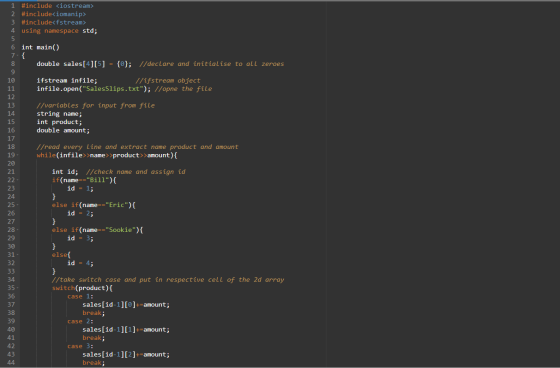 1 #include <iostream> 2 #include<iomanip> 3 #include<fstream> 4 using namespace std; 5 6 int main() 7.{ 8 double sales[4][5]