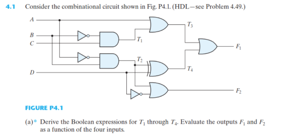 Consider the combinational circuit shown in Fig. P4.1. (HDL-see Problem 4.49.) - F D— FIGURE P4.1 (a)* Derive the Boolean exp