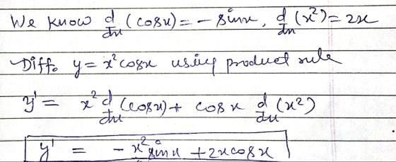 We know d (Cosu) = - sure, f (x2) = 25e Diffo y= 2² cosse usuce produced sule y = x d leopa) + cosa d (12) Ty = -x nutzucogs