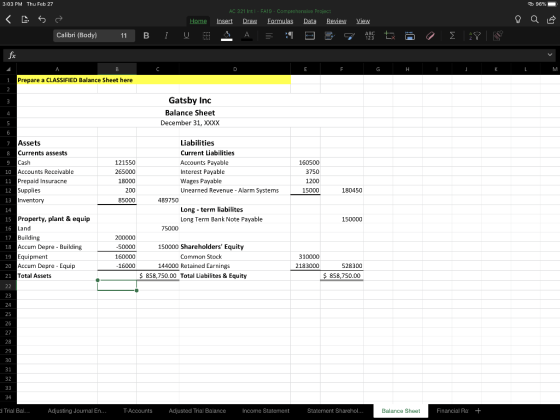 96% 3:03 PM Thu Feb 27 <a se Calibri (Body) AC 321 Intl - FA19 - Comprehensive Project Home Insert Draw Formulas Data Review