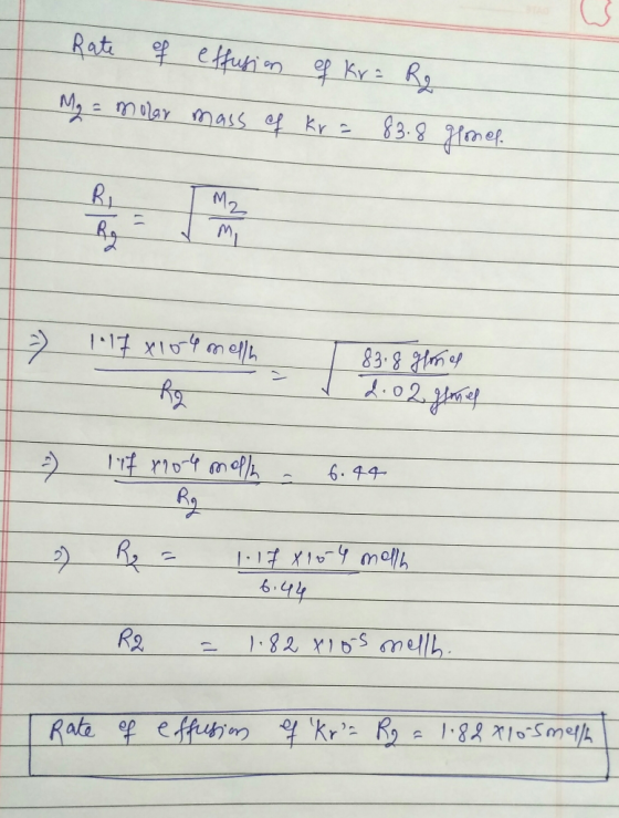 Rat clfuion M2 - molar mass ef kr 83.8 Hmet M2 1-17 X10ell 83-8y 6.44 6.44 1.82 X165 mellh R2 Rata of effuso kr Ry1-82 10m