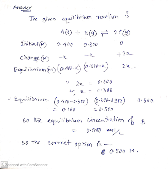 Answer The given equilibrium reactions A (9) + B(9) 20 (9) Initial (M) 0.400 0 0.800 + 2x x -X Change (M) ſequilibrium (M) (0