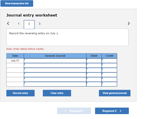 View transaction list Journal entry worksheet < 1213 Record the reversing entry on July 1. Note: Enter debits before credits.