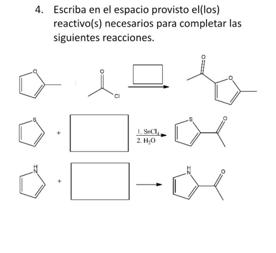 4. Escriba en el espacio provisto el(los) reactivo(s) necesarios para completar las siguientes reacciones. ci 1. Snc 2. H2O