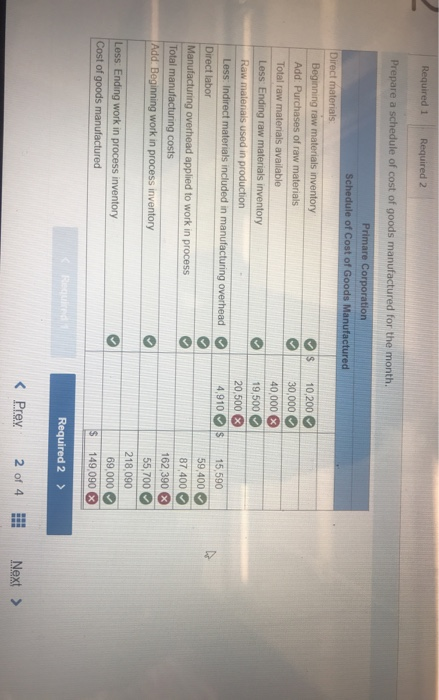 Required 1 Required 2 Prepare a schedule of cost of goods manufactured for the month. Primare Corporation Schedule of Cost of