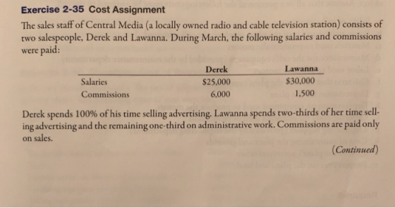 Exercise 2-35 Cost Assignment The sales staff of Central Media (a locally owned radio and cable television station) consists