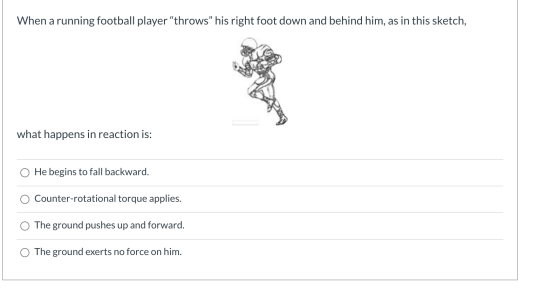 When a running football player “throws” his right foot down and behind him, as in this sketch, what happens in reaction is: H